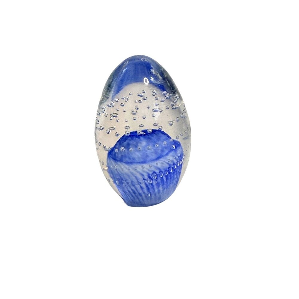 Vintage Glass Paperweight - V M Studios USA - Egg shape/Blue/Controlled Bubbles